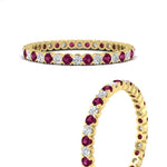 Load image into Gallery viewer, 0.75-carat-round-cut-bezel-set-diamond-and-pink-sapphire-eternity-wedding-band-in-yellow-gold-FD8072ROBGSADRPIANGLE3-0.72CT-NL-YG?v=1774347027