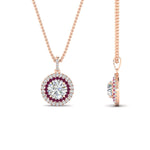 Load image into Gallery viewer, 1-carat-double-halo-pink-sapphire-round-pendant-necklace-in-rose-gold-FDPD1190ROGSADRPIANGLE2-NL-1CT-RG-T.jpg?v=1768457619