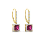 Load image into Gallery viewer, 1-carat-princess-cut-diamond-halo-dangle-earrings-with-pink-sapphire-in-yellow-gold-FDEAR-11235PRGSADRPI-1.00CT-NL-YG.jpg