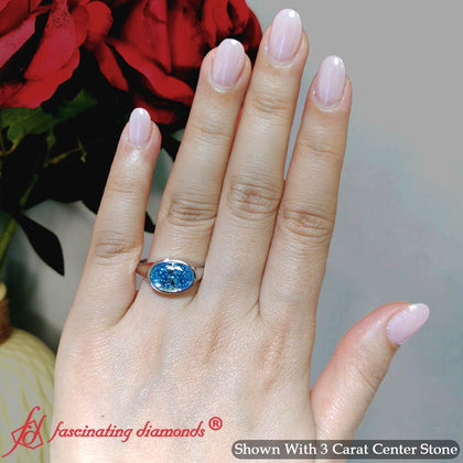 Horizontal Fancy Vivid Blue Lab Bezel Oval Diamond Solitaire Ring