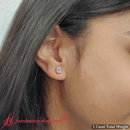 IGI Certified Emerald Cut Bezel Solitaire Stud Earrings