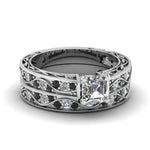 Load image into Gallery viewer, asscher-cut-antique-filigree-wedding-ring-set-with-black-diamond-in-white-gold-FDENS3543ASGBLACK-NL-WG