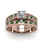 Load image into Gallery viewer, asscher-cut-antique-filigree-wedding-ring-set-with-emerald-in-rose-gold-FDENS3543ASGEMGRANGLE5-NL-RG