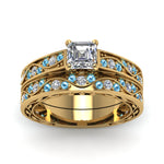 Load image into Gallery viewer, asscher-cut-antique-filigree-wedding-ring-set-with-ice-blue-topaz-in-yellow-gold-FDENS3543ASGICBLTOANGLE5-NL-YG
