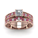 Load image into Gallery viewer, asscher-cut-antique-filigree-wedding-ring-set-with-pink-sapphire-in-rose-gold-FDENS3543ASGSADRPIANGLE5-NL-RG