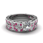 Load image into Gallery viewer, asscher-cut-antique-filigree-wedding-ring-set-with-pink-sapphire-in-white-gold-FDENS3543ASGSADRPI-NL-WG