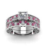 Load image into Gallery viewer, asscher-cut-antique-filigree-wedding-ring-set-with-pink-sapphire-in-white-gold-FDENS3543ASGSADRPIANGLE5-NL-WG