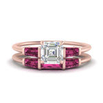 Load image into Gallery viewer, asscher-cut-bar-set-pink-sapphire-ring-with-matching-3-baguette-wedding-band-in-rose-gold-FDENS100ASGSADRPI-NL-RG
