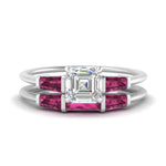 Load image into Gallery viewer, asscher-cut-bar-set-pink-sapphire-ring-with-matching-3-baguette-wedding-band-in-white-gold-FDENS100ASGSADRPI-NL-WG