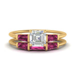Load image into Gallery viewer, asscher-cut-bar-set-pink-sapphire-ring-with-matching-3-baguette-wedding-band-in-yellow-gold-FDENS100ASGSADRPI-NL-YG