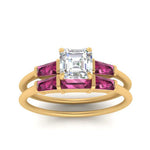 Load image into Gallery viewer, asscher-cut-bar-set-pink-sapphire-ring-with-matching-3-baguette-wedding-band-in-yellow-gold-FDENS100ASGSADRPIANGLE5-NL-YG