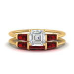 Load image into Gallery viewer, asscher-cut-bar-set-ruby-ring-with-matching-3-baguette-wedding-band-in-yellow-gold-FDENS100ASGRUDR-NL-YG