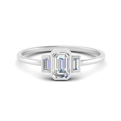 Bezel 3 Stone Emerald Cut Ring