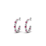 Load image into Gallery viewer, bezel-half-round-cut-diamond-hoop-earring-with-pink-sapphire-in-14K-white-gold-FDEAR86441GSADRPI-NL-WG