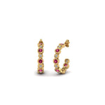 Load image into Gallery viewer, bezel-half-round-cut-diamond-hoop-earring-with-pink-sapphire-in-14K-yellow-gold-FDEAR86441GSADRPI-NL-YG