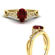 Celtic Knot Split Pear Ruby Wedding Ring Set