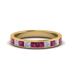 Load image into Gallery viewer, channel-princess-cut-diamond-wedding-band-1-carat-with-pink-sapphire-in-18K-yellow-gold-FD8382-1.0CTBGSADRPI-NL-YG