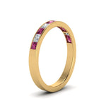 Load image into Gallery viewer, channel-princess-cut-diamond-wedding-band-1-carat-with-pink-sapphire-in-18K-yellow-gold-FD8382-1.0CTBGSADRPIANGLE2-NL-YG