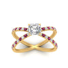Load image into Gallery viewer, cross-band-asscher-cut-engagment-ring-with-pink-sapphire-yellow-gold-FD9890ASRGSADRPIANGLE5-NL-YG.jpg?v=1760525697