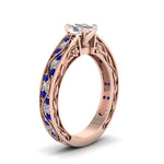 Load image into Gallery viewer, cushion-cut-antique-filigree-diamond-ring-with-blue-sapphire-in-14K-rose-gold-FDENS3543CURGSABLANGLE2-NL-RG_3062f943-fbdd-46a7-bd8b-5cc0dcb20e9f
