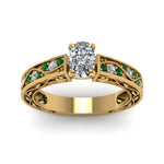 Load image into Gallery viewer, cushion-cut-antique-filigree-diamond-ring-with-emerald-in-14K-yellow-gold-FDENS3543CURGEMGRANGLE5-NL-YG_21d0ef87-44ad-4802-b346-2a31c6b44b40