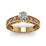 Load image into Gallery viewer, cushion-cut-antique-filigree-diamond-ring-with-pink-sapphire-in-14K-yellow-gold-FDENS3543CURGSADRPIANGLE5-NL-YG_512f4af8-27ac-4518-a55d-14dbddc60ac8
