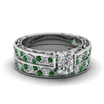 Load image into Gallery viewer, cushion-cut-antique-filigree-wedding-ring-set-with-emerald-in-white-gold-FDENS3543CUGEMGR-NL-WG