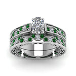 Load image into Gallery viewer, cushion-cut-antique-filigree-wedding-ring-set-with-emerald-in-white-gold-FDENS3543CUGEMGRANGLE5-NL-WG