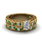 Load image into Gallery viewer, cushion-cut-antique-filigree-wedding-ring-set-with-emerald-in-yellow-gold-FDENS3543CUGEMGR-NL-YG
