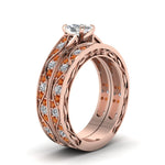 Load image into Gallery viewer, cushion-cut-antique-filigree-wedding-ring-set-with-orange-sapphire-in-rose-gold-FDENS3543CUGSAORANGLE2-NL-RG