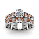Load image into Gallery viewer, cushion-cut-antique-filigree-wedding-ring-set-with-orange-sapphire-in-white-gold-FDENS3543CUGSAORANGLE5-NL-WG