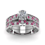 Load image into Gallery viewer, cushion-cut-antique-filigree-wedding-ring-set-with-pink-sapphire-in-white-gold-FDENS3543CUGSADRPIANGLE5-NL-WG