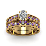 Load image into Gallery viewer, cushion-cut-antique-filigree-wedding-ring-set-with-purple-amethyst-in-yellow-gold-FDENS3543CUGVITOANGLE5-NL-YG