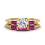 Load image into Gallery viewer, cushion-cut-bar-set-pink-sapphire-ring-with-matching-3-baguette-wedding-band-in-yellow-gold-FDENS100CUGSADRPI-NL-YG