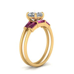 Load image into Gallery viewer, cushion-cut-bar-set-pink-sapphire-ring-with-matching-3-baguette-wedding-band-in-yellow-gold-FDENS100CUGSADRPIANGLE2-NL-YG