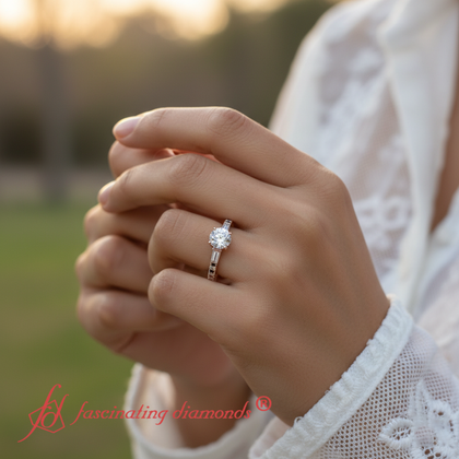 Lab Grown Round Diamond Ring with Baguette Side Stone Accents