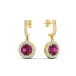 Load image into Gallery viewer, diamond-drop-halo-solitaire-round-cut-earrings-with-pink-sapphire-in-yellow-gold-FD-EAR11129ROGSADRPI-NL-YG