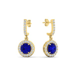 Load image into Gallery viewer, diamond-drop-halo-solitaire-round-cut-earrings-with-sapphire-in-yellow-gold-FD-EAR11129ROGSABL-NL-YG