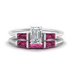 Load image into Gallery viewer, emerald-cut-bar-set-pink-sapphire-ring-with-matching-3-baguette-wedding-band-in-FDENS100EMGSADRPI-NL-WG