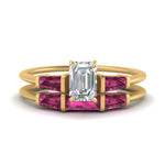Load image into Gallery viewer, emerald-cut-bar-set-pink-sapphire-ring-with-matching-3-baguette-wedding-band-in-FDENS100EMGSADRPI-NL-YG