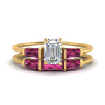 Load image into Gallery viewer, emerald-cut-bar-set-pink-sapphire-ring-with-matching-3-baguette-wedding-band-in-yellow-gold-FDENS100EMGSADRPI-NL-YG