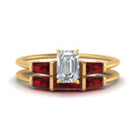 Load image into Gallery viewer, emerald-cut-bar-set-ruby-ring-with-matching-3-baguette-wedding-band-in-yellow-gold-FDENS100EMGRUDR-NL-YG