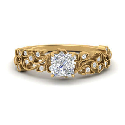Lab Grown Princess Cut Filigree Wide Band Engagement Ring