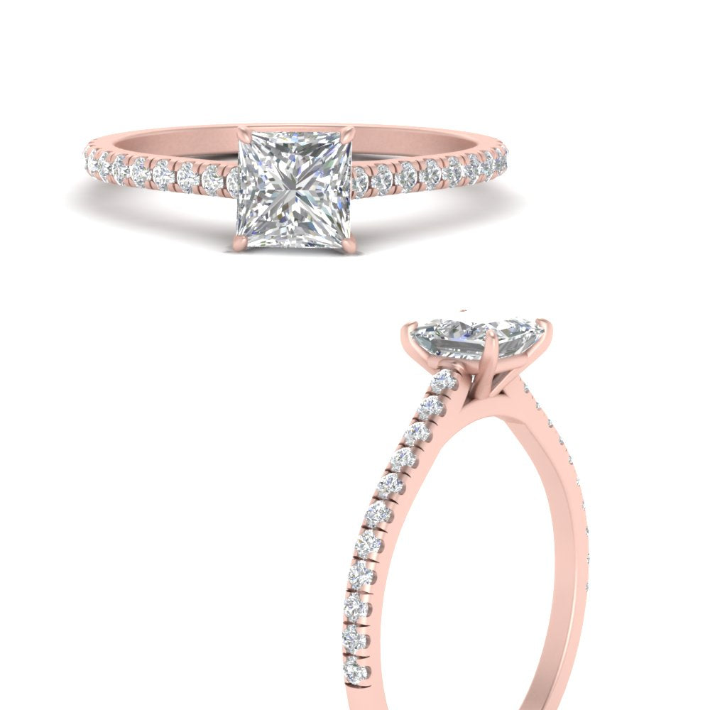 French Pave Princess Diamond Cathedral Engagement Ring