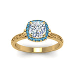Load image into Gallery viewer, hand-engraved-cushion-cut-halo-diamond-engagement-ring-with-blue-topaz-in-yellow-gold-FD8588CURGICBLTOANGLE5-NL-YG?v=1757588307