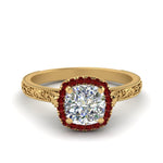 Load image into Gallery viewer, hand-engraved-cushion-cut-halo-diamond-engagement-ring-with-ruby-in-yellow-gold-FD8588CURGRUDR-NL-YG?v=1757588306