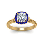 Load image into Gallery viewer, hand-engraved-cushion-cut-halo-diamond-engagement-ring-with-sapphire-in-yellow-gold-FD8588CURGSABLANGLE5-NL-YG?v=1757588306