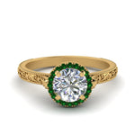 Load image into Gallery viewer, hand-engraved-round-cut-halo-diamond-engagement-ring-with-emerald-in-yellow-gold-FD8588RORGEMGR-NL-YG_bcbd974d-8355-439f-ba38-f9a3e8611f14?v=1757588580