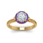 Load image into Gallery viewer, hand-engraved-round-cut-halo-diamond-engagement-ring-with-purple-topaz-in-yellow-gold-FD8588RORGVITOANGLE5-NL-YG_fbc8d23a-0a7d-454a-8f8e-b2d4619c9078?v=1757588583
