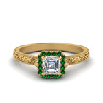 Load image into Gallery viewer, hand-engraved-vintage-asscher-diamond-engagement-ring-with-emerald-halo-in-yellow-gold-FD8588ASRGEMGR-NL-YG?v=1757589528